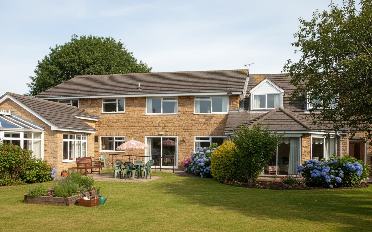 The garden at Stoneacre Lodge, with lawn, hydrangeas and seating outside the conservatory.