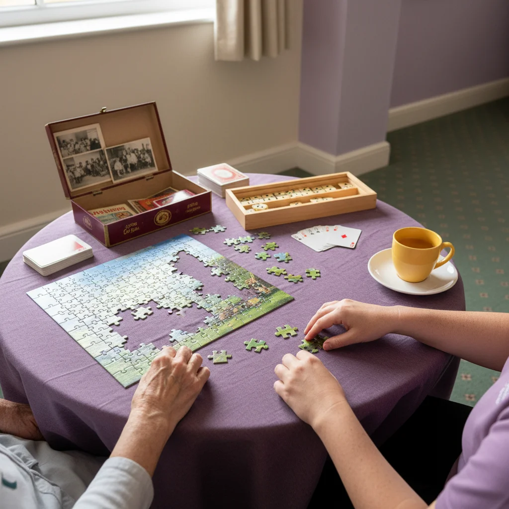 A jigsaw, dominoes and a memory box of old family photographs on an activity table, with two pairs of hands working on the puzzle.
