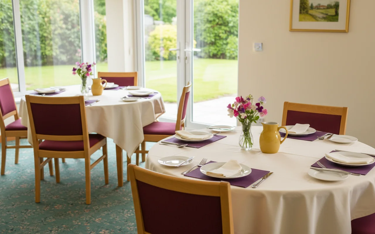 The dining room at Stoneacre Lodge laid for lunch, with patio doors open onto the lawn.
